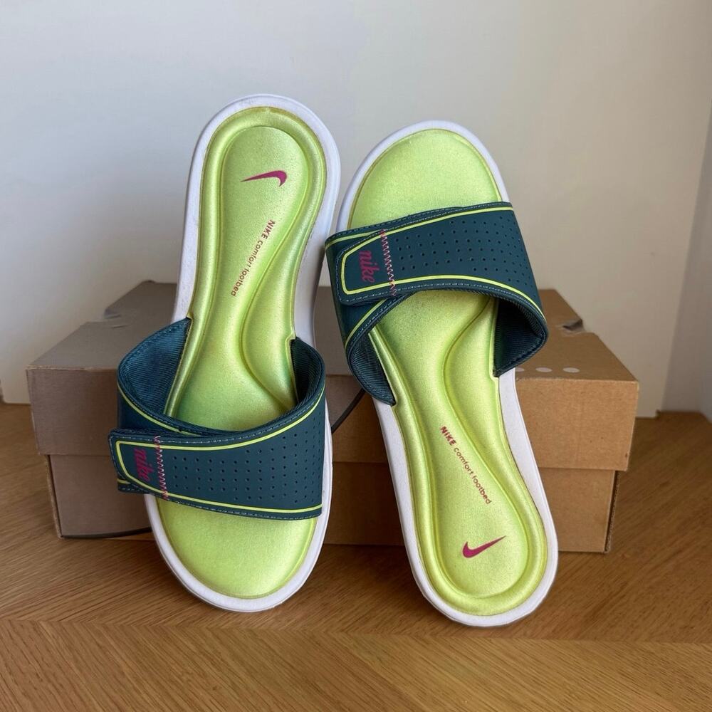 Nike Ultra Comfort Footbed ‘Teal/ Lime Green’ Women Slides Flip Flops- SZ 9